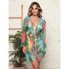 Saída De Praia Chemise Tule Estampado Manga Longa Com Regulador
