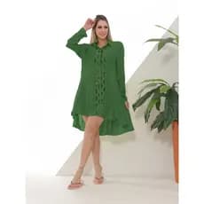 Saída de Praia Feminina Chemise Manga Longa Camisão Vazado Verão
