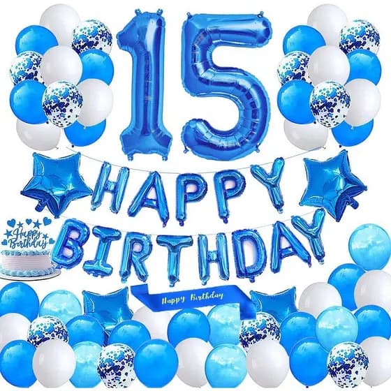 Kit 16/17  Balão Metalizado Happy Birthday +1/2 Número 32 Pol + 2 Estrelas 10 Pol Decocao de Festa Anivesario azul
