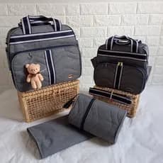 Enxoval Bebe Nene Menino Bolsa Mala Saida Maternidade Cinza Faixa Azul Branco