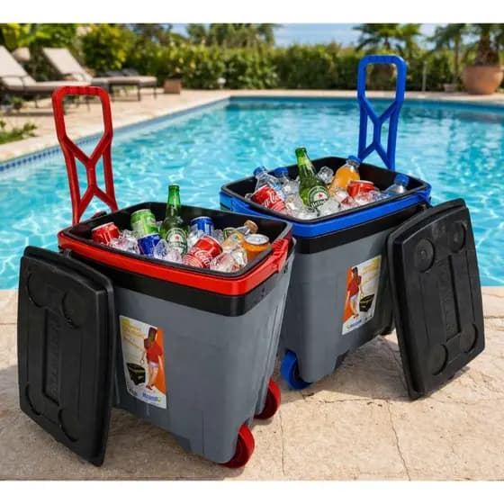 CAIXA TERMICA COOLER DE PRAIA COM RODAS 2 ALÇAS REFORÇADAS TAMPA PORTA COPOS CABE ATE 48 LATAS 34 LITROS
