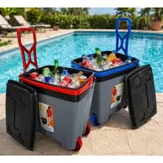 CAIXA TERMICA COOLER DE PRAIA COM RODAS 2 ALÇAS REFORÇADAS TAMPA PORTA COPOS CABE ATE 48 LATAS 34 LITROS