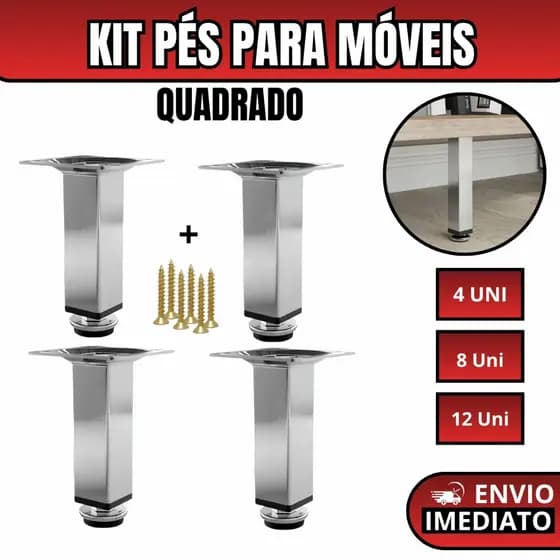 Kit Pés Cromado Para Móveis  8cm 10cm 12cm 15cm 20cm Quadrado Com Regulagem Acompanha Parafuso