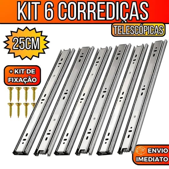 Kit 6 Corrediça Telescópica Light 25cm 3 Pares Trilho Gaveta 30kg Com Parafusos Deslizamento Suave