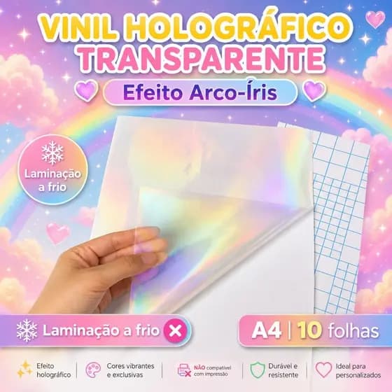 LAMINAÇÃO A FRIO - Vinil Adesivo Holográfico Transparente ARCO-IRIS - A4- 90g - 10 folhas