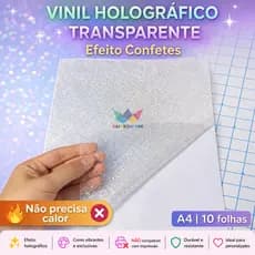 LAMINAÇÃO A FRIO - Vinil Adesivo Holográfico Transparente CONFETES - A4- 90g - 10 folhas