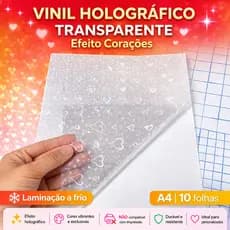 LAMINAÇÃO A FRIO - Vinil Adesivo Holográfico Transparente CORAÇÃO - A4- 90g - 10 folhas