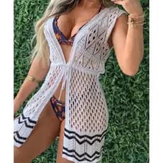 Saida Praia Aberta Curta Manga Babado Elegante Banho Piscina