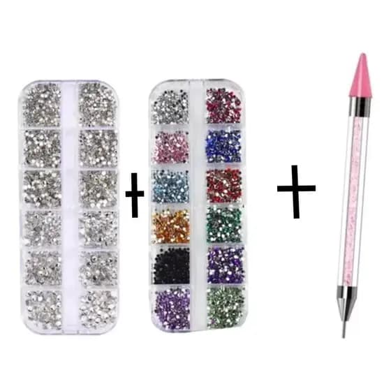 Caixa Strass Nail Art Pedras Colorida + Prata + Caneta Strass
