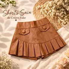 Shorts Saia Infantil Couro Fake com Pregas e Botão Forrado | Moda Blogueira Menina 4 ao 10