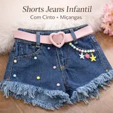 Shorts Jeans Infantil Menina Com Cinto Rosa Miçangas Blogueirinha Moda 4 ao 10
