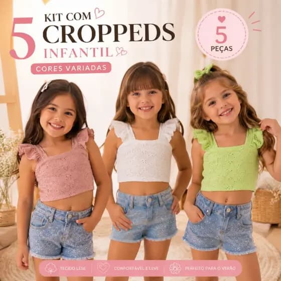 Kit 5 Cropped Infantil Menina Lese com Babado | Tendência Verão | 2 ao 10 Anos | Cores Sortidas