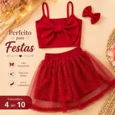 Conjunto Infantil Menina Shorts Saia Com Tule de Brilho Look de Festa para 2 ao 10