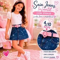 Saia Jeans Infantil Menina com Cinto Rosa Strass Moda Blogueirinha 2 ao 10