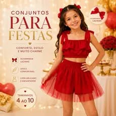 Conjunto Infantil Feminino Festa Shorts Saia Tule Cropped BaBado Menina 4 ao 10
