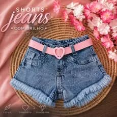 Shorts Jeans Infantil Feminino com Brilho Desfiado e Cinto Coração Blogueirinha 2 ao 10