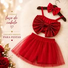 Conjunto Infantil Feminino Festa Paetê com Saia de Tule e Laço Blogueirinha 4 ao 10