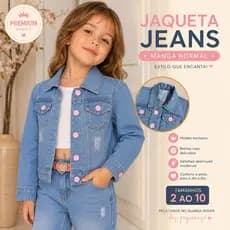 Jaqueta Jeans Infantil Feminina Jeans Claro Botão Rosa Casual 2 ao 10 Anos