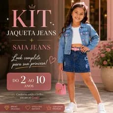 Kit Infantil Jaqueta Jeans + Saia Jeans com Brilho e Cinto Coração 2 ao 10 Anos