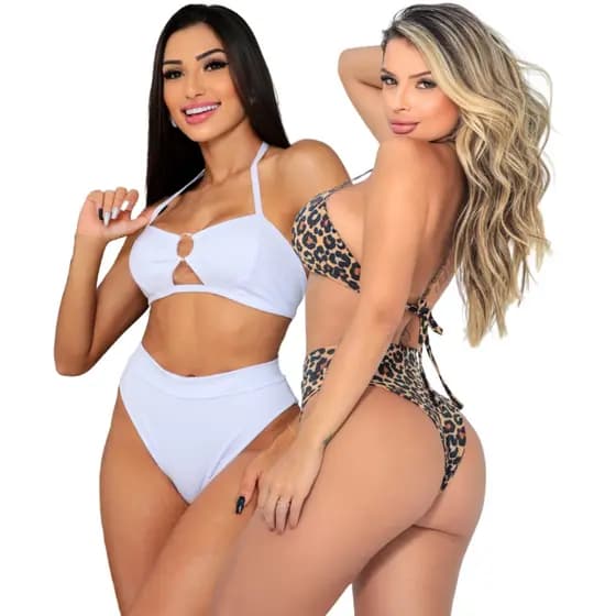 Kit 2 Biquini Feminino Argola Hot Pants Cintura Alta Praia