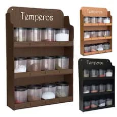Suporte Porta Condimentos Em Madeira Apoio Temperos Parede Com Potes Prateleira Cozinha + Adesivos