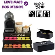 Bandeja 2 Gavetas Porta Cápsulas e Caixa de Chá MDF para Organização Café Caixa Chá com 6 Divisórias
