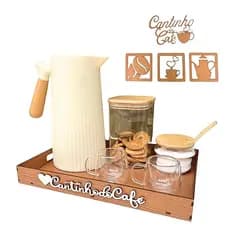 Bandeja para Café da Manhã + 4 Apliques Decoração Cantinho do Café Mdf Apoio Servir Garrafa Térmica