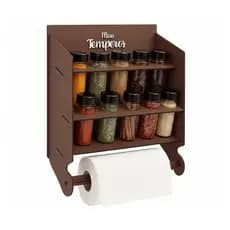 Kit Organizador Porta Temperos MDF 10 Potes Inclusos Com Suporte Apoio Papel Toalha E 24 Adesivos