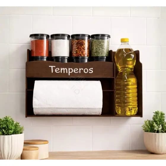 Suporte Temperos Em MDF Organizador 8 Potes Condimentos Apoio Porta Papel Toalha Cozinha Completa