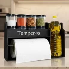 Porta Temperos Com 8 Potes MDF Prateleira Condimentos Suporte Papel Toalha Organizador Casa Cozinha