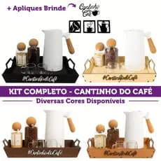 Bandeja Organizadora Cantinho Do Café Com Alça Apoio + Apliques Decorativo Para Café Da Manhã Em MDF
