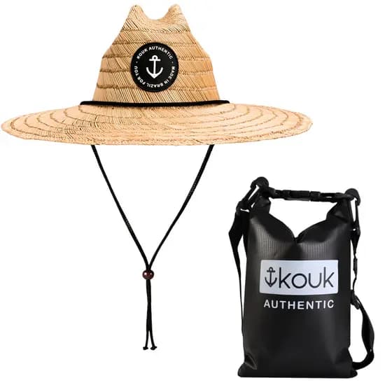 Kit Chapéu de Palha Surf Praia + Bolsa Estanque 2L Impermeável Proteção UV Pesca Aventura Natação