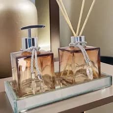 Kit Lavabo Luxo Vidro Completo Com Bandeja Difusor Aromatizador Saboneteira Ambar Vidro Branco Aroma