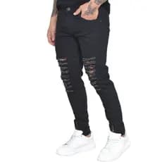 Calça Masculina Destroyed Skinny Com Laycra Ziper na Barra Preta Branca e Azul em promoção slim rasg