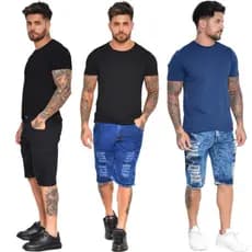bermuda jeans masculinas rasgada kit com 3 caramelo preta e vermelha