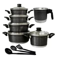 Jogo de Panelas Caçarolas de Alumínio 5 Peças com Tampa de Vidro + Fervedor de 1 Litro + Kit 3 Utensilios