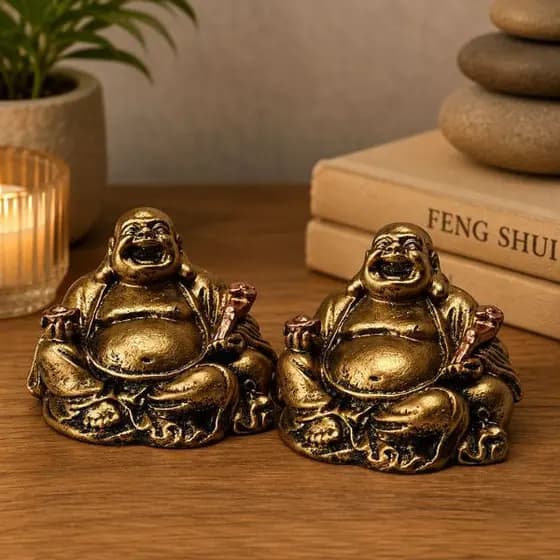 Kit 2 Buda Chines Sorridente Fortuna Riqueza Zen Dourado 5cm Dourado