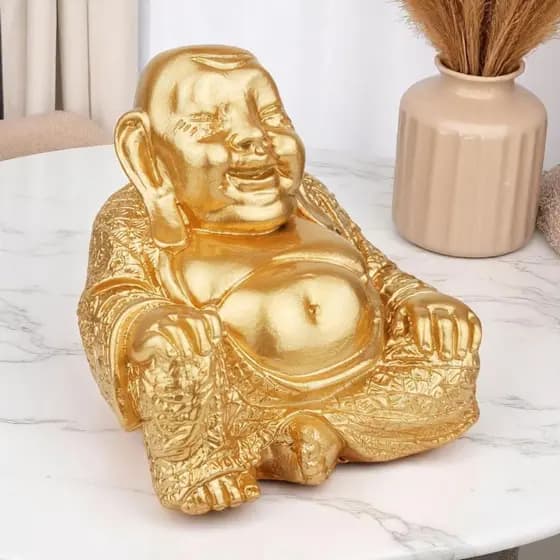 Buda da Sorte Dourado Decorativo – Estátua Feng Shui Prosperidade e Boas Energias