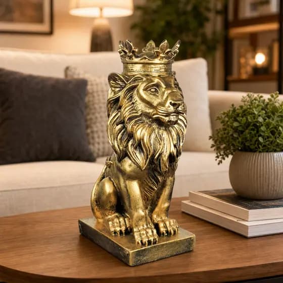 Estatueta Leão Com Coroa Inteiro Dourado Ouro Fortuna Dinheiro Atração Sorte