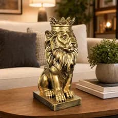 Estatueta Leão Com Coroa Inteiro Dourado Ouro Fortuna Dinheiro Atração Sorte