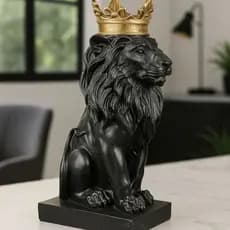 Leão Sentado Com Coroa Preto Ouro Decoração Enfeite Mesa Estante Robusto Fortuna
