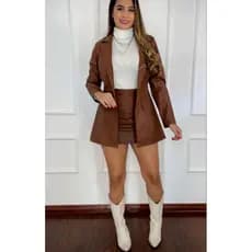 Conjunto Max Blazer + Short Saia Couro Fake