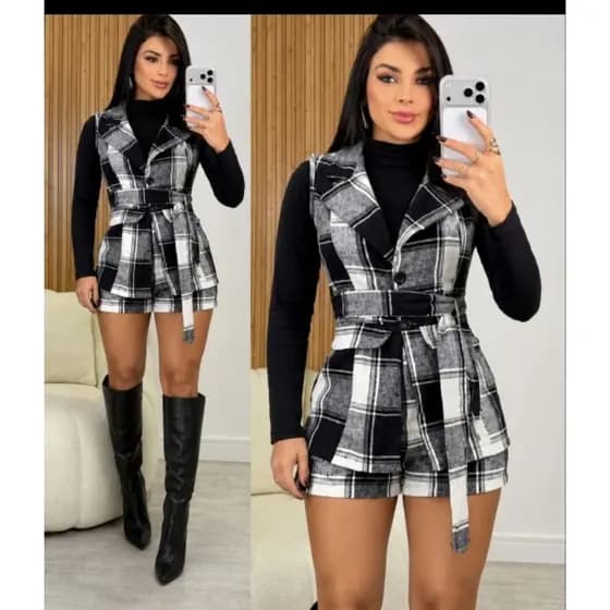 Conjunto Xadrez Flanelado Short+Colete Com Cinto Quadriculado Tendencia Marrom Com Botao Festa Junina São João Decote V