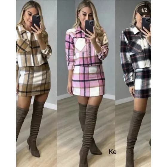 Casaco Feminino Flanelado Xadrez Conjunto lãn Batida 2 peças pra Festa Junina Estiloso Elegante Moda