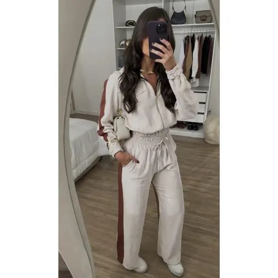 Conjunto Feminino Calça Pantalona Faixa Lateral Cropped Manga Longa Zíper Moda Inverno Look Casual Chic