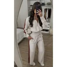 Conjunto Feminino Calça Pantalona Faixa Lateral Cropped Manga Longa Zíper Moda Inverno Look Casual Chic