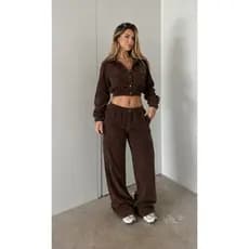 Conjunto Feminino Veludo Cotelê  Wide Leg Cargo Moda Inverno Jaqueta Cropped Calça Pantalona Premium
