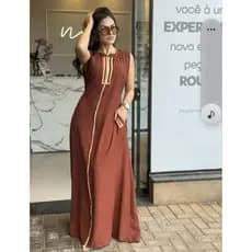 Vestido Longo  Detalhes na frente  Pequeno ziper  Acinturado  Sem Manga Estiloso Luxo Moda Feminina Com Bolso