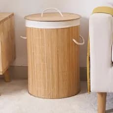 Cesto Redondo Forrado Roupas Sujas Banheiro/Lavanderia Bambu/Melhor Preço