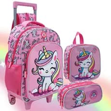 Mochila Escolar Infantil de Rodinhas Menina Bolsa Resistente Lancheira Térmica  Estojo Kit Escolar Completo Lançamento